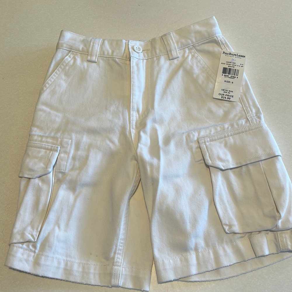 Polo, Ralph Lauren, white cargo shorts, size 5 with waist adjuster buttons